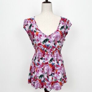 Vtg Y2K Delias Top Womens XL Pink Floral Smocked Fairy Feminine Empire‎ Waist